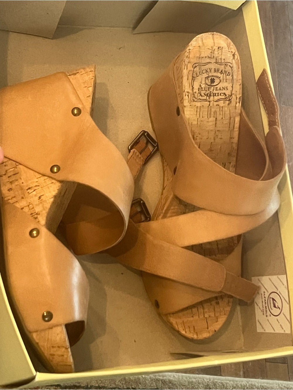 Lucky Brand Cognac Leather Cork Wedge Sandals